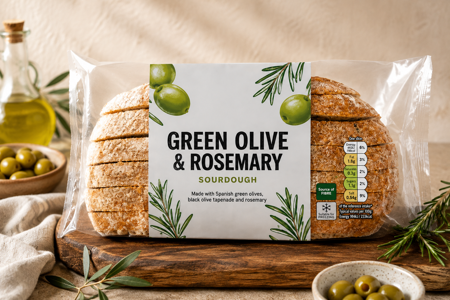 Sliced Green Olive & Rosemary Sourdough Bread 400g