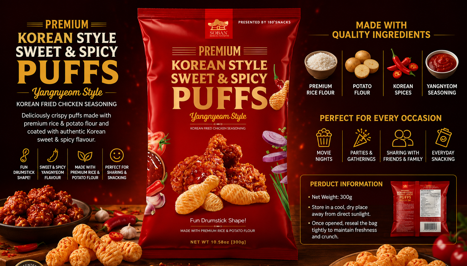 Premium Korean Style Sweet & Spicy Puffs, 300g