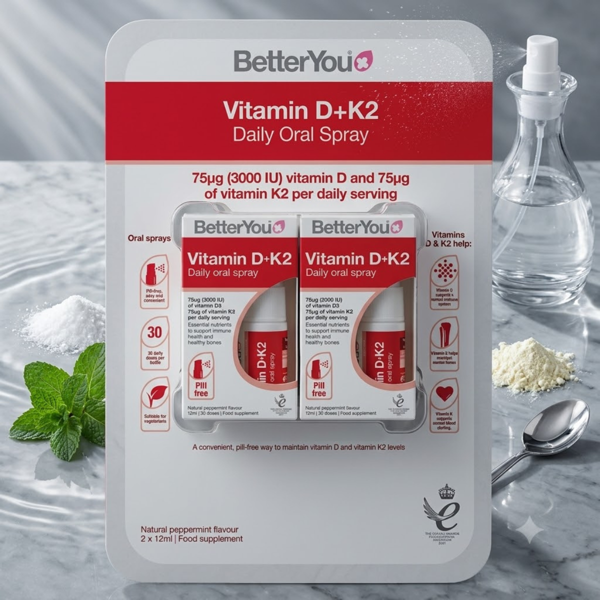 BetterYou Vitamin D + K2 Oral Spray, 2 x 12ml