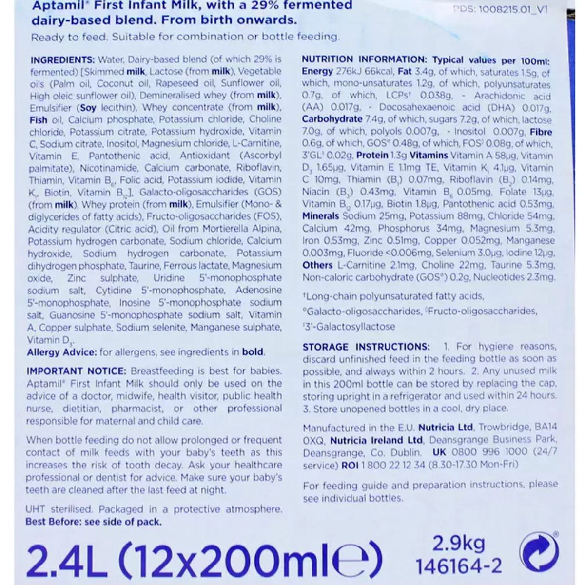 Aptamil Stage 1 Ready to Feed Infant Milk, 12 x 200ml