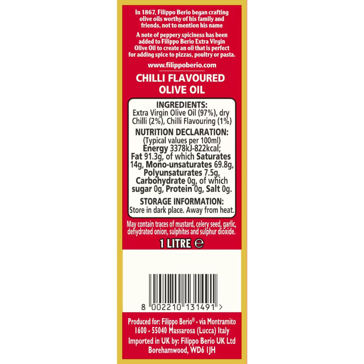 Filippo Berio Chilli Flavoured Olive Oil, 1L
