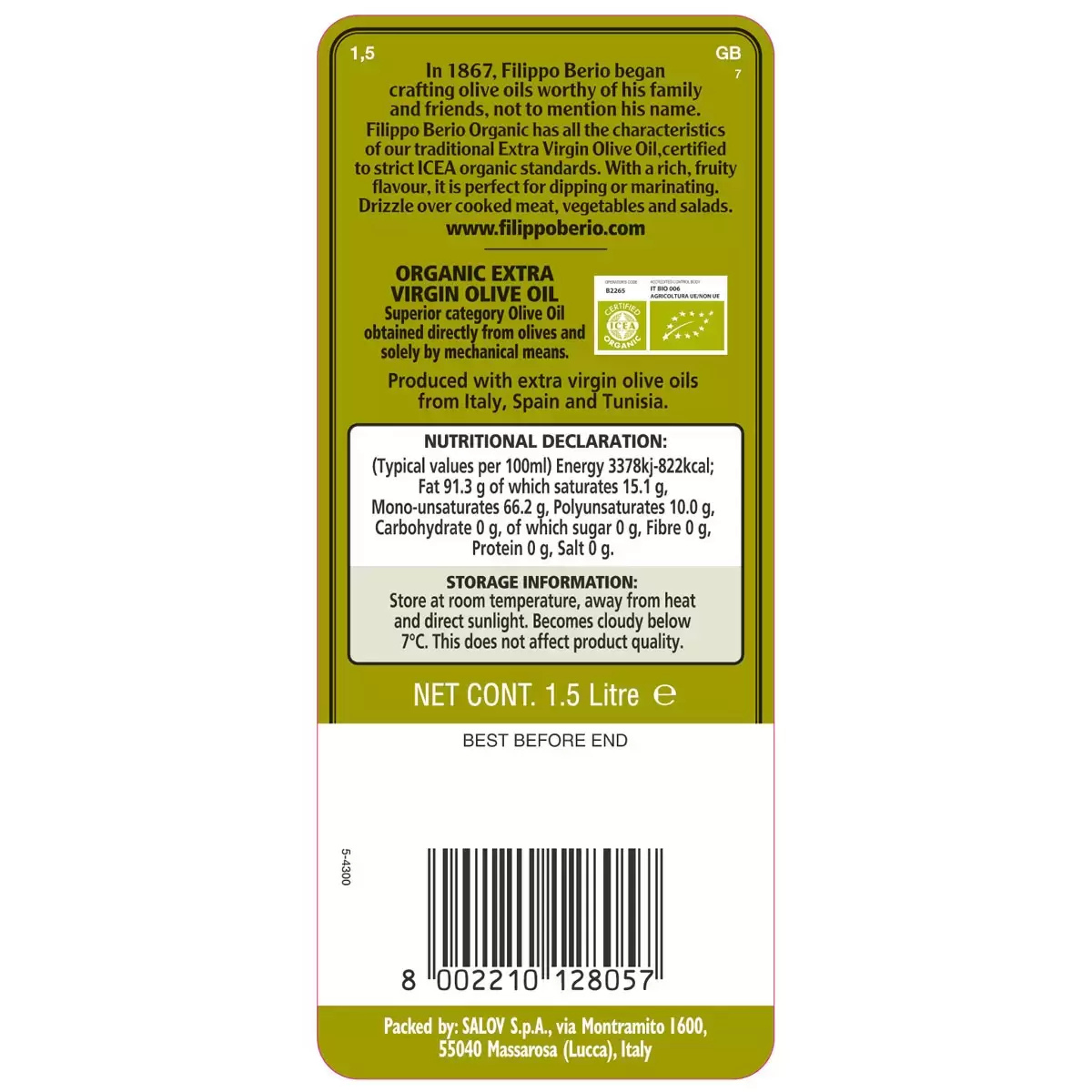 Filippo Berio Organic Extra Virgin Olive Oil, 1.5L
