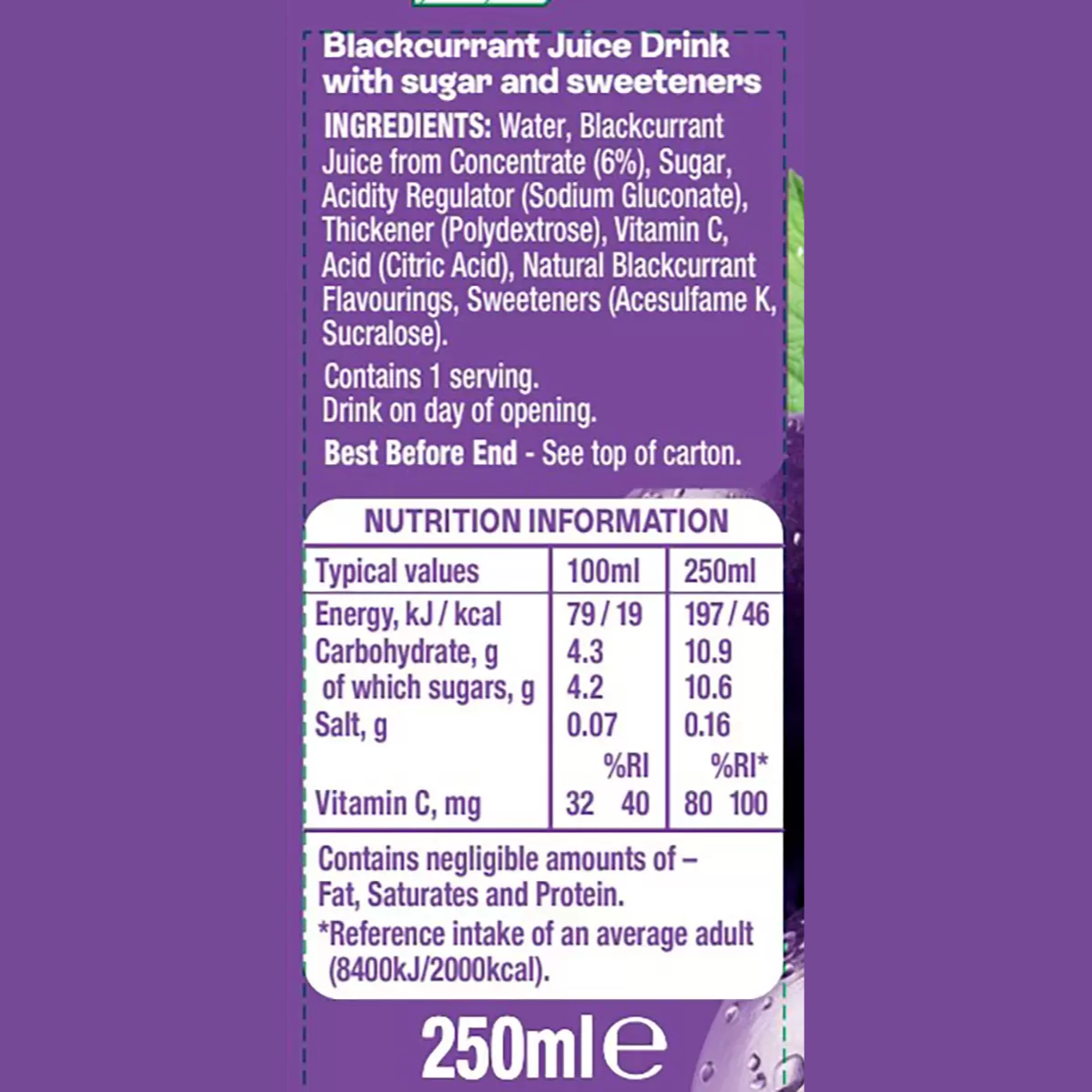 Ribena Ready to Drink Blackcurrant, 24 x 250ml