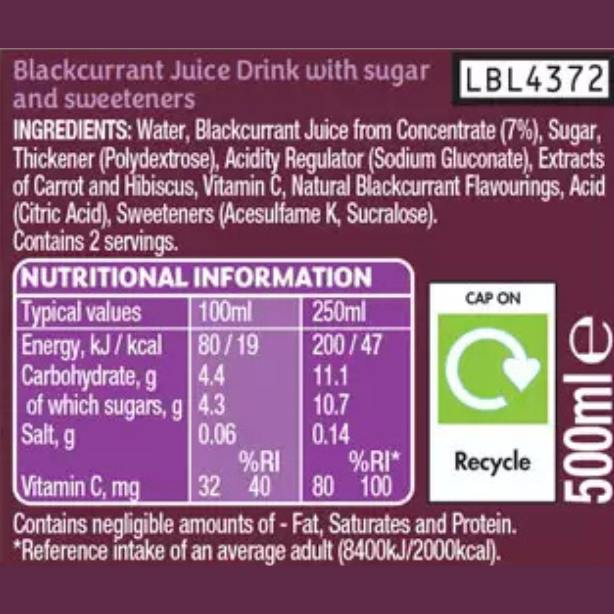 Ribena Blackcurrant PMP, 12 x 500ml