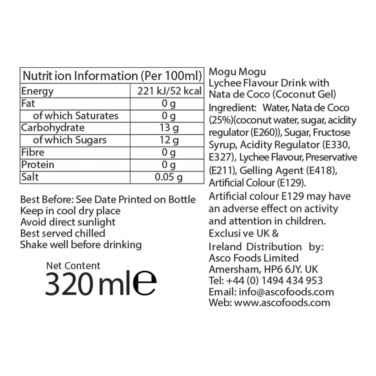 Mogu Mogu Lychee Drink, 24 x 320ml