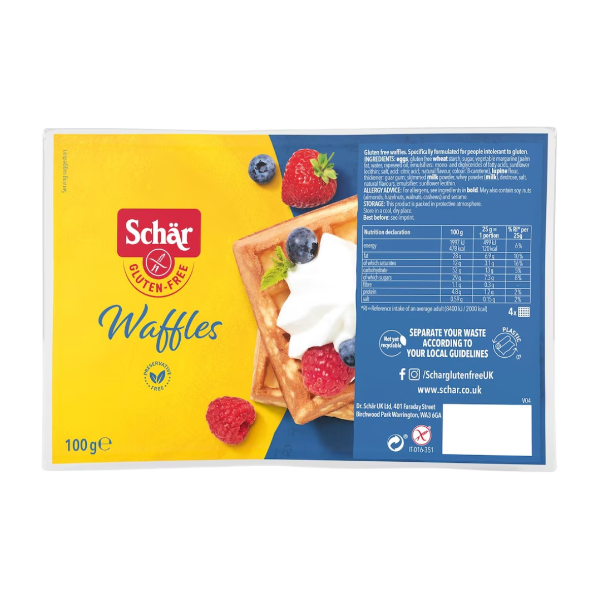 Schar Gluten Free Classic Waffles 4 Pack (100g) – Ready-to-Eat Sweet Breakfast Treats