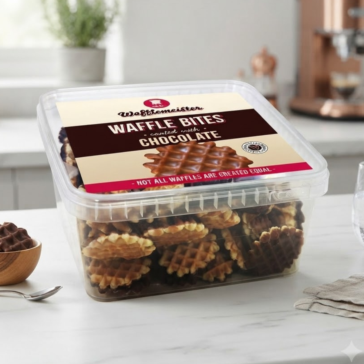Wafflemeister Belgian Chocolate Mini Waffle Bites, 700g, - Crispy Chocolate Coated Treats