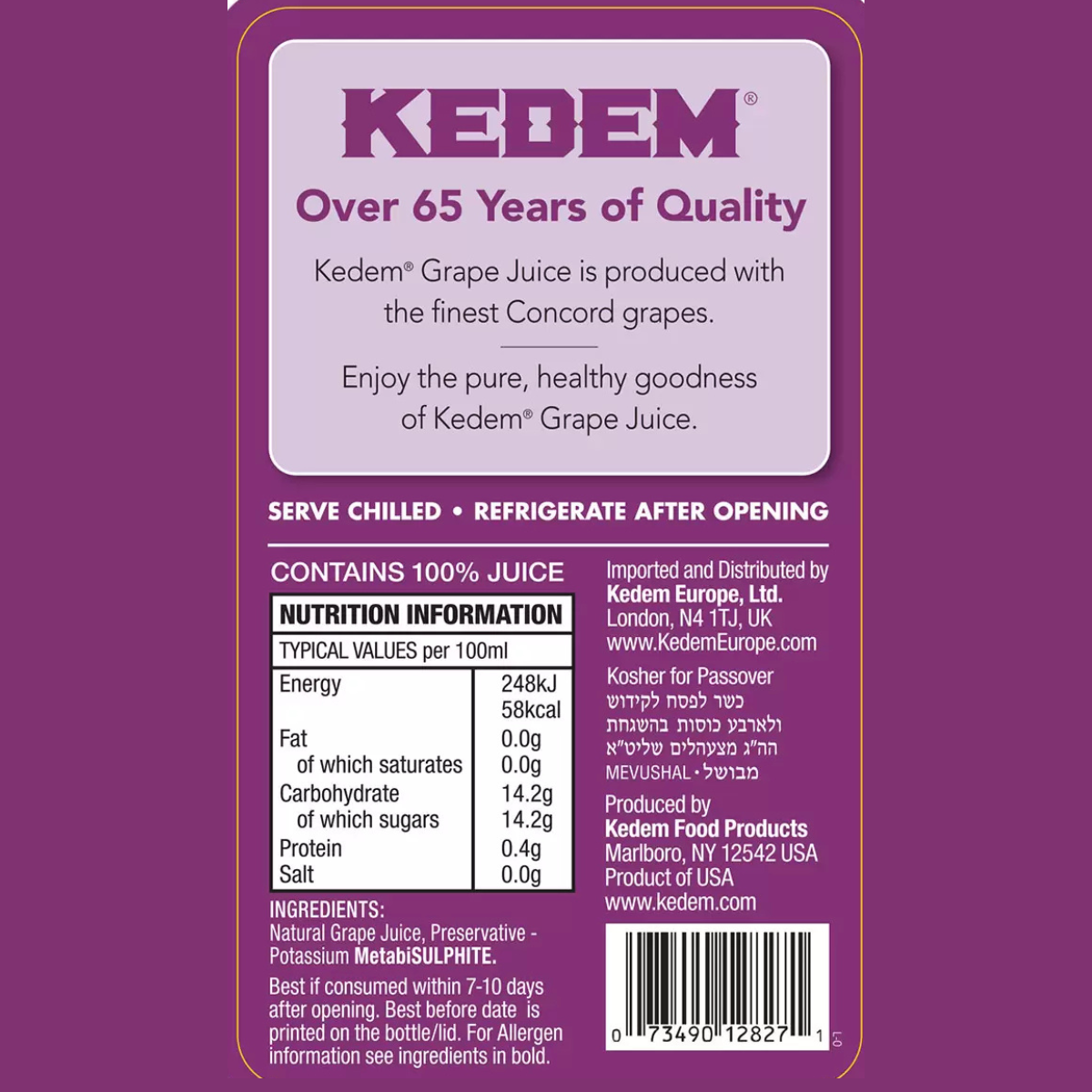 Kedem 100% Pure Grape Juice, 1.89L, Rich in Antioxidants