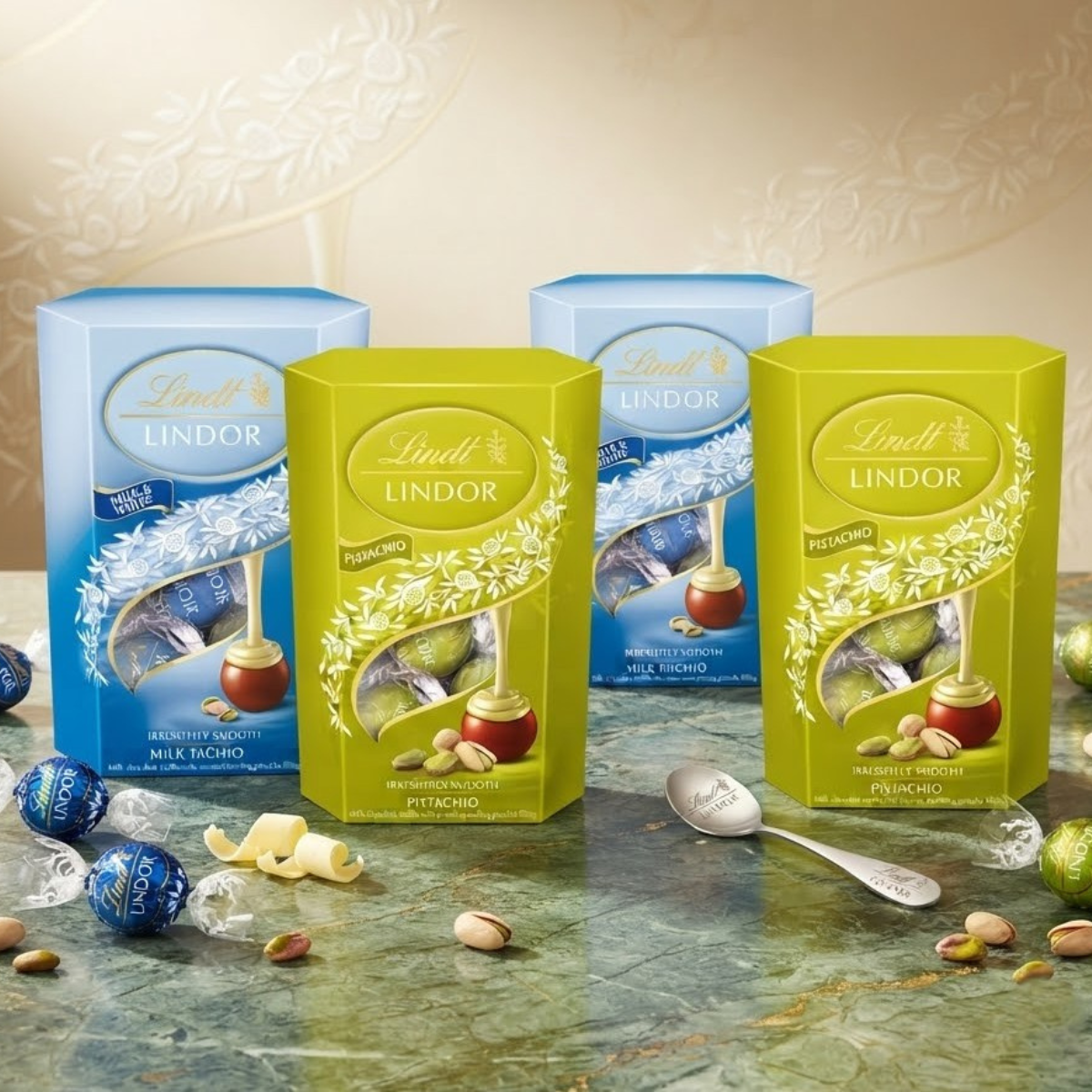 Lindt Lindor Milk & White & Pistachio Chocolate Truffles, 4 x 200g