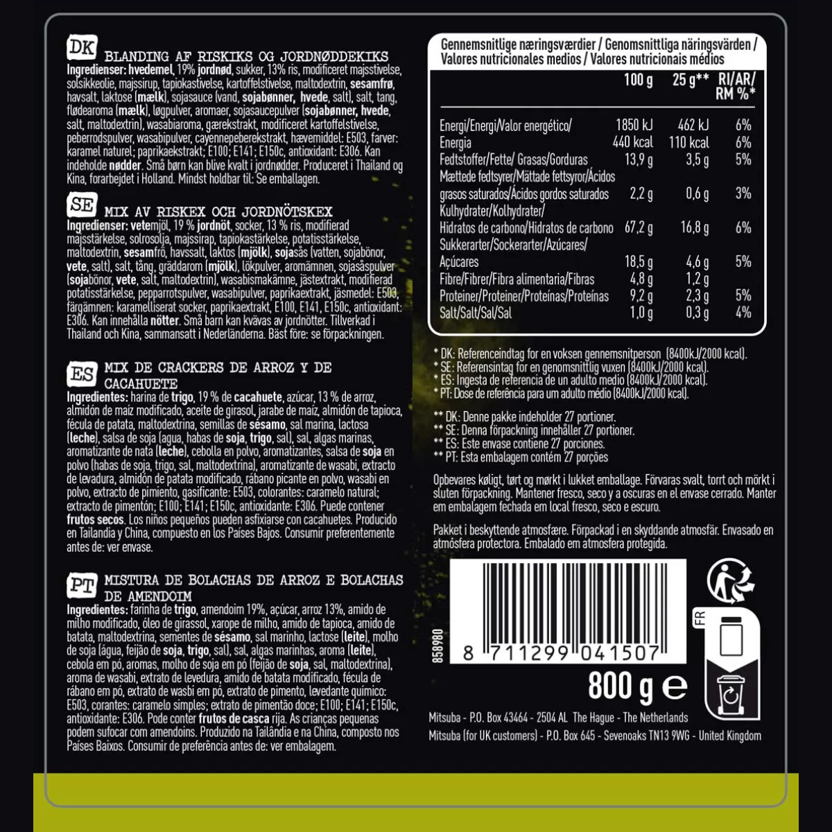 Mitsuba Wasabi Mix, 800g,- Crunchy Rice Snacks and Wasabi Coated Peanuts