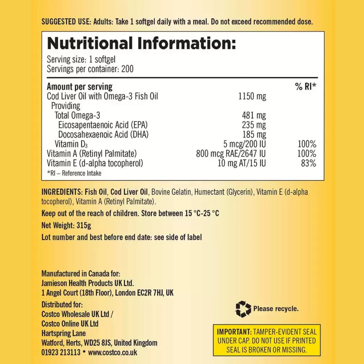 Kirkland Signature Cod Liver Oil + Omega 3 1150mg, 2 x 200 Count