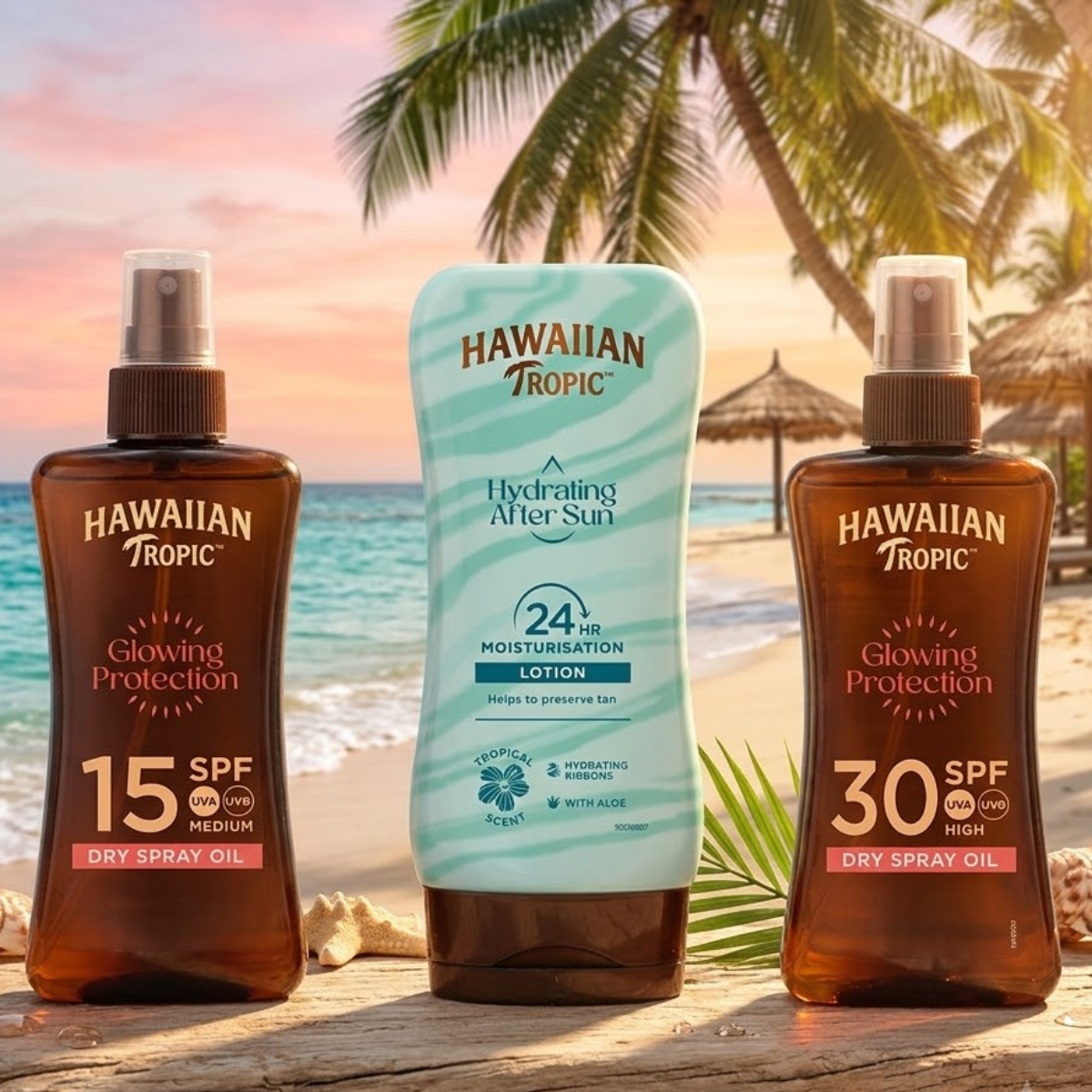 Hawaiian Tropic, Sun Oil Set, 200ml SPF 15 & 200ml SPF 30 Dry Oil Spray and 180ml Hydrating After Sun Lotion