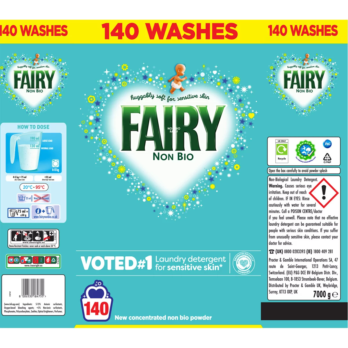 Fairy Non Bio washing powder, 140 Wash 7kg