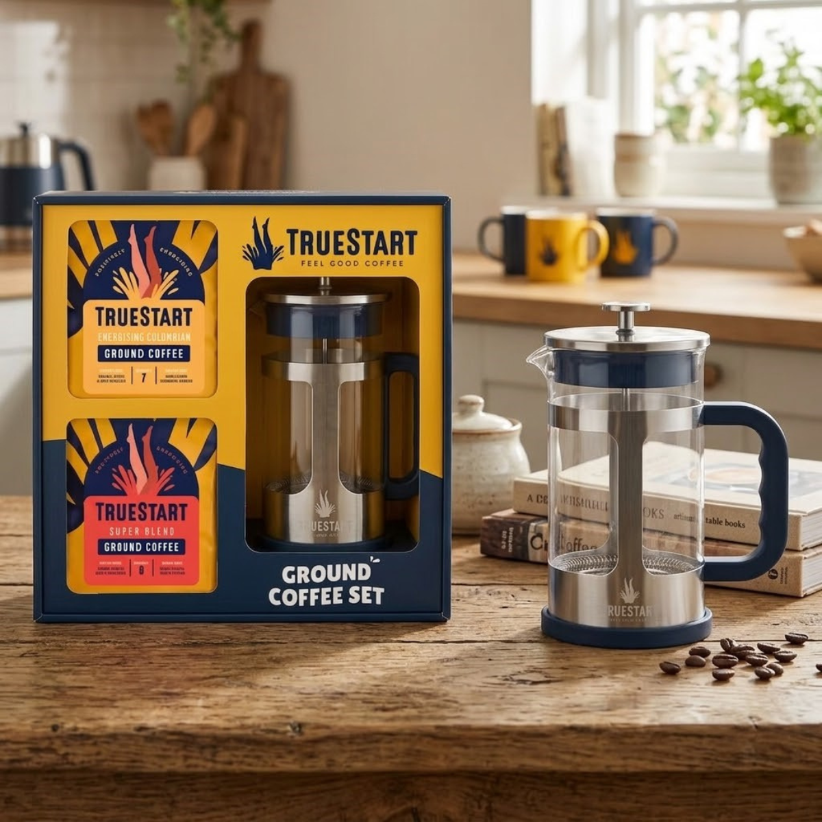 Truestart Cafetiere & Ground Coffee Set in Blue