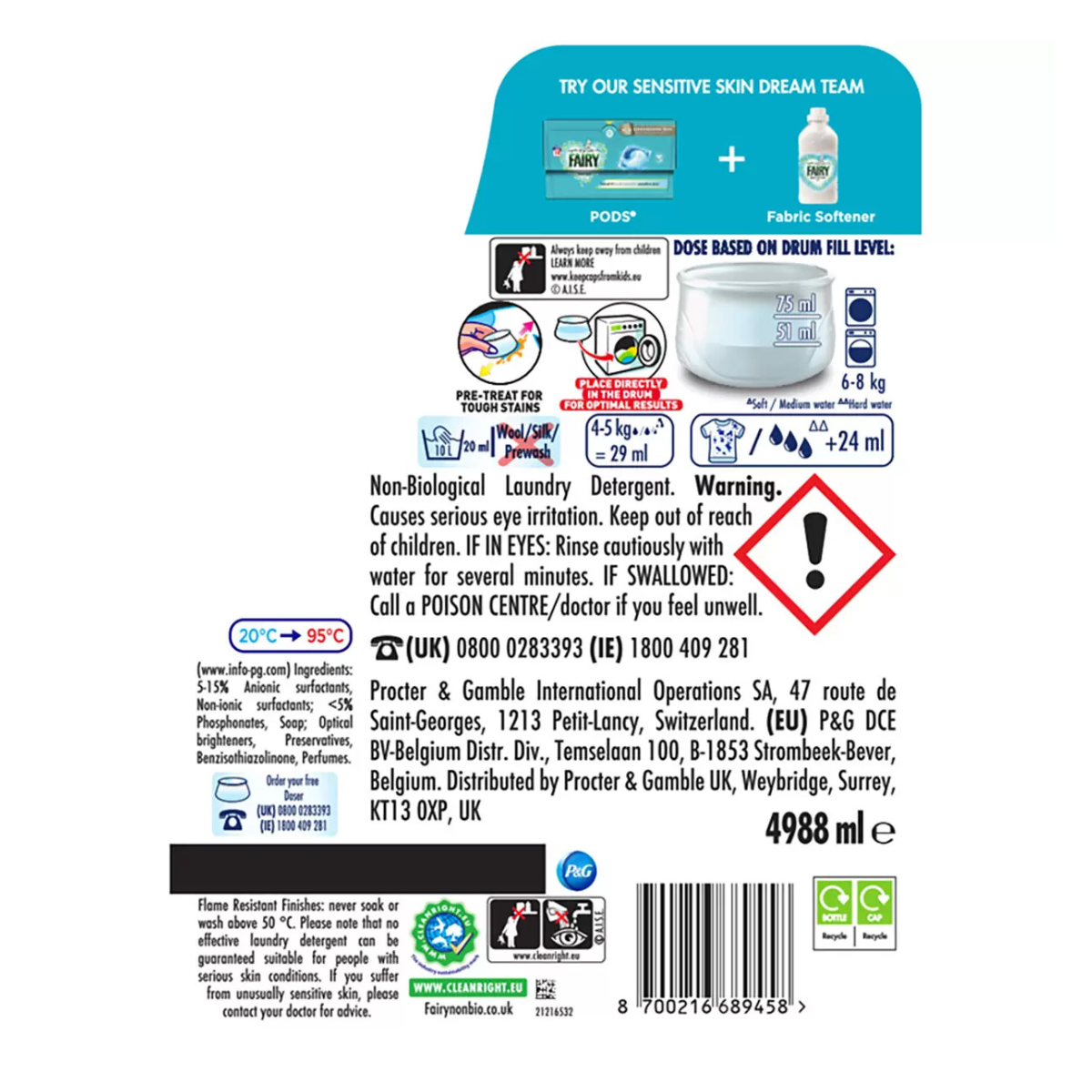 Fairy Non Bio Laundry Liquid, 172 Wash, 4.988L
