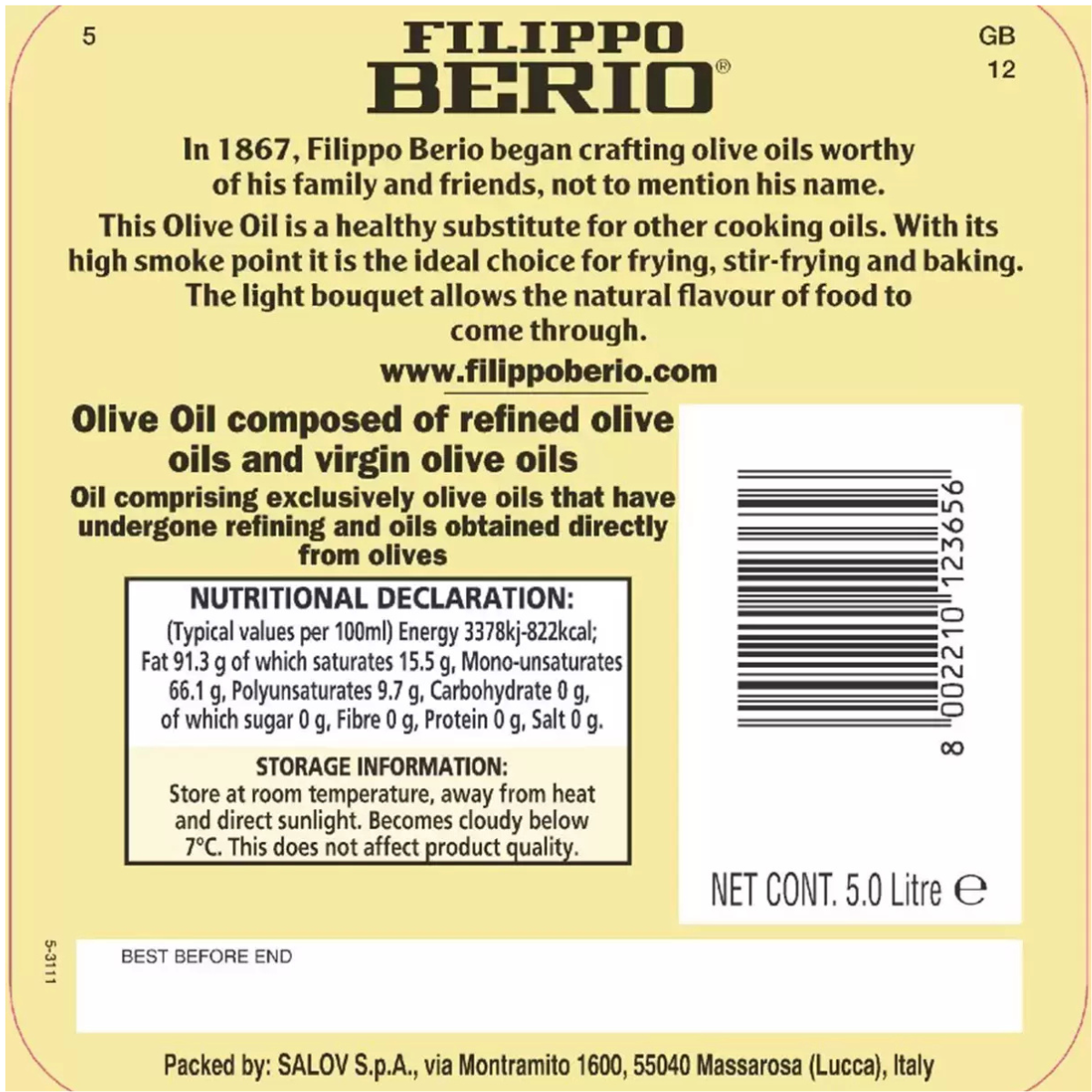 Filippo Berio Mild & Light Olive Oil, 5L