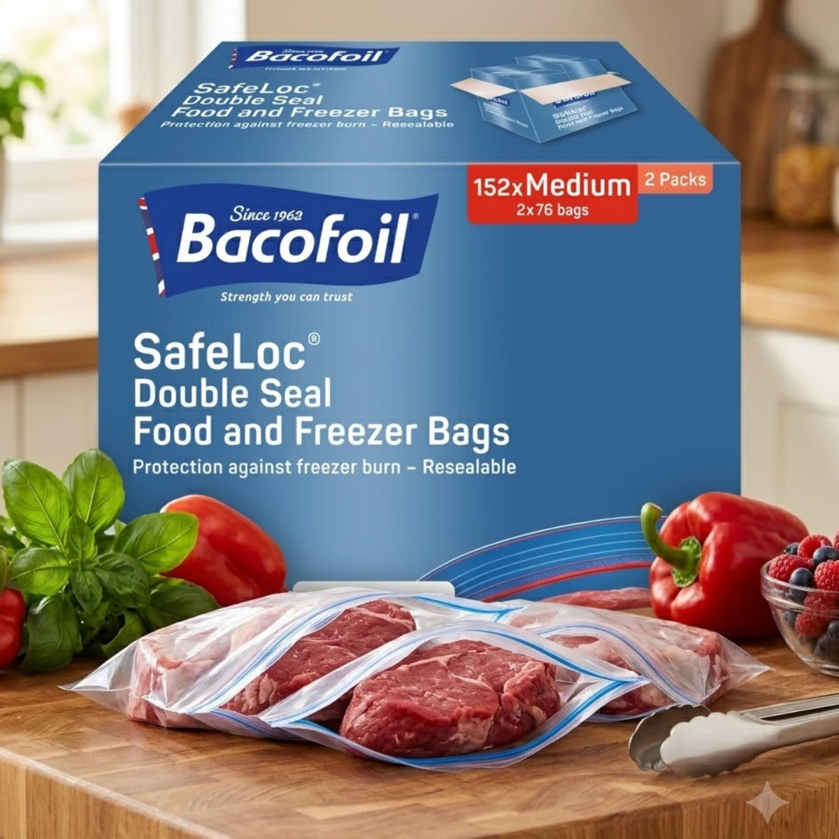 Bacofoil Safeloc Food and Freezer Medium Bags, 152 Pack