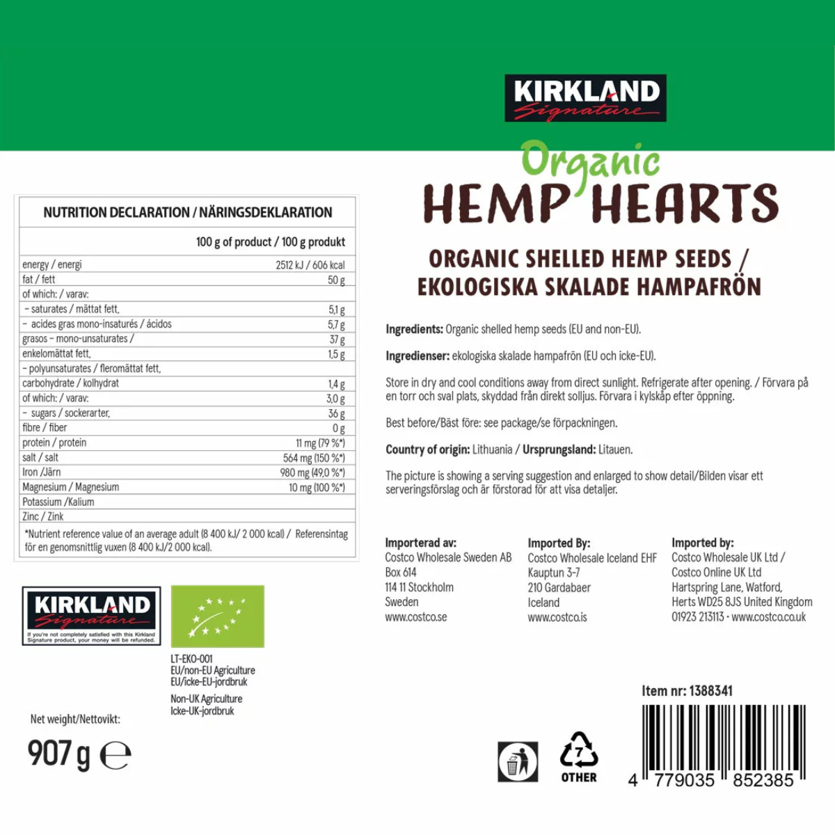 Kirkland Signature Organic Hemp Hearts, 907g