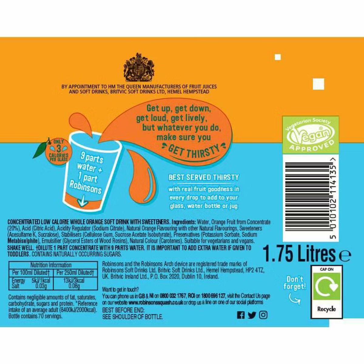 Robinsons Double Concentrate Orange, 6 x 1.75L
