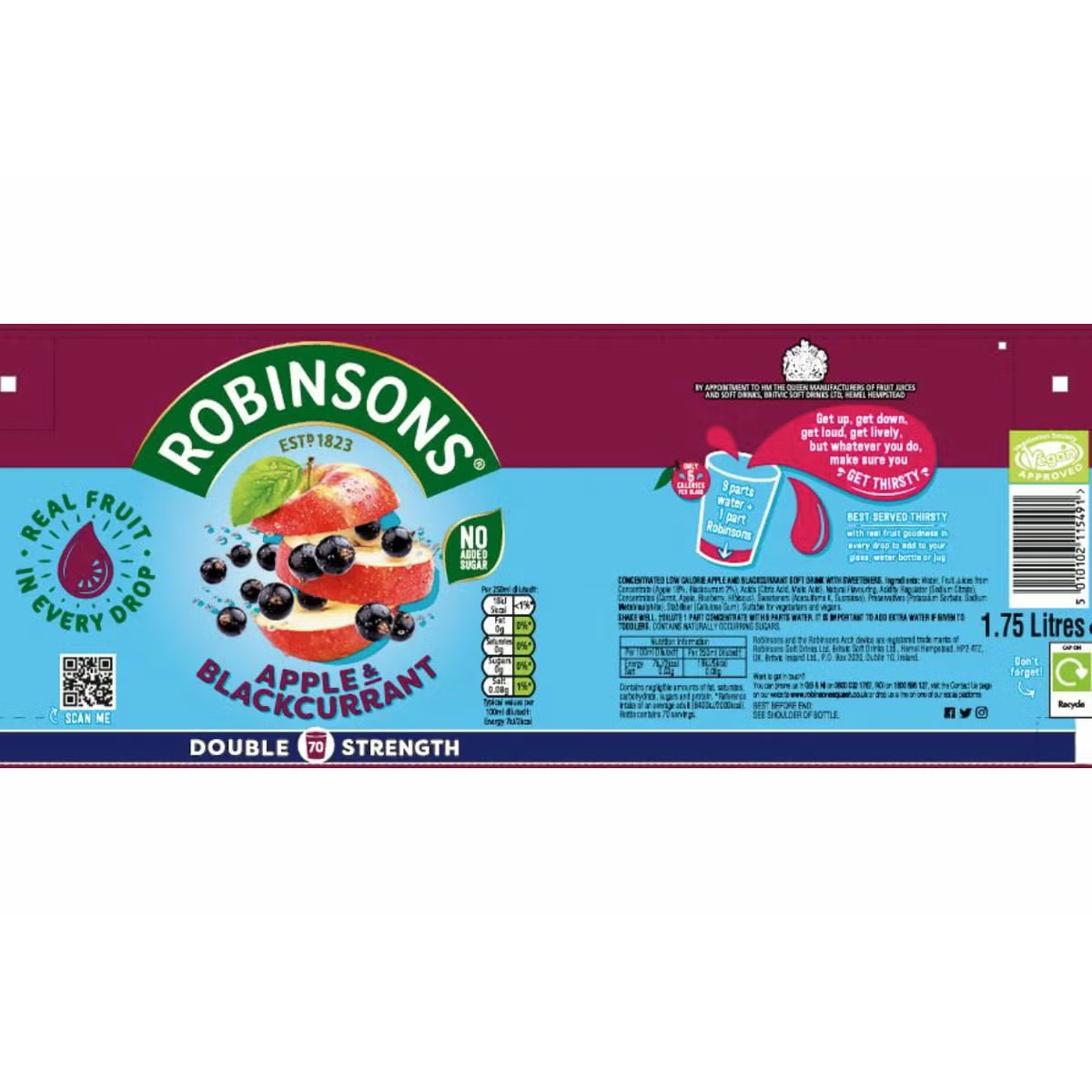 Robinsons Double Concentrate Apple & Blackcurrant, 6 x 1.75L