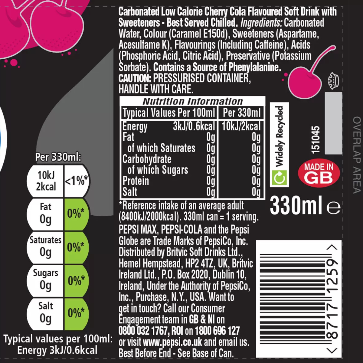 Pepsi Max Cherry Cans, 24 x 330ml