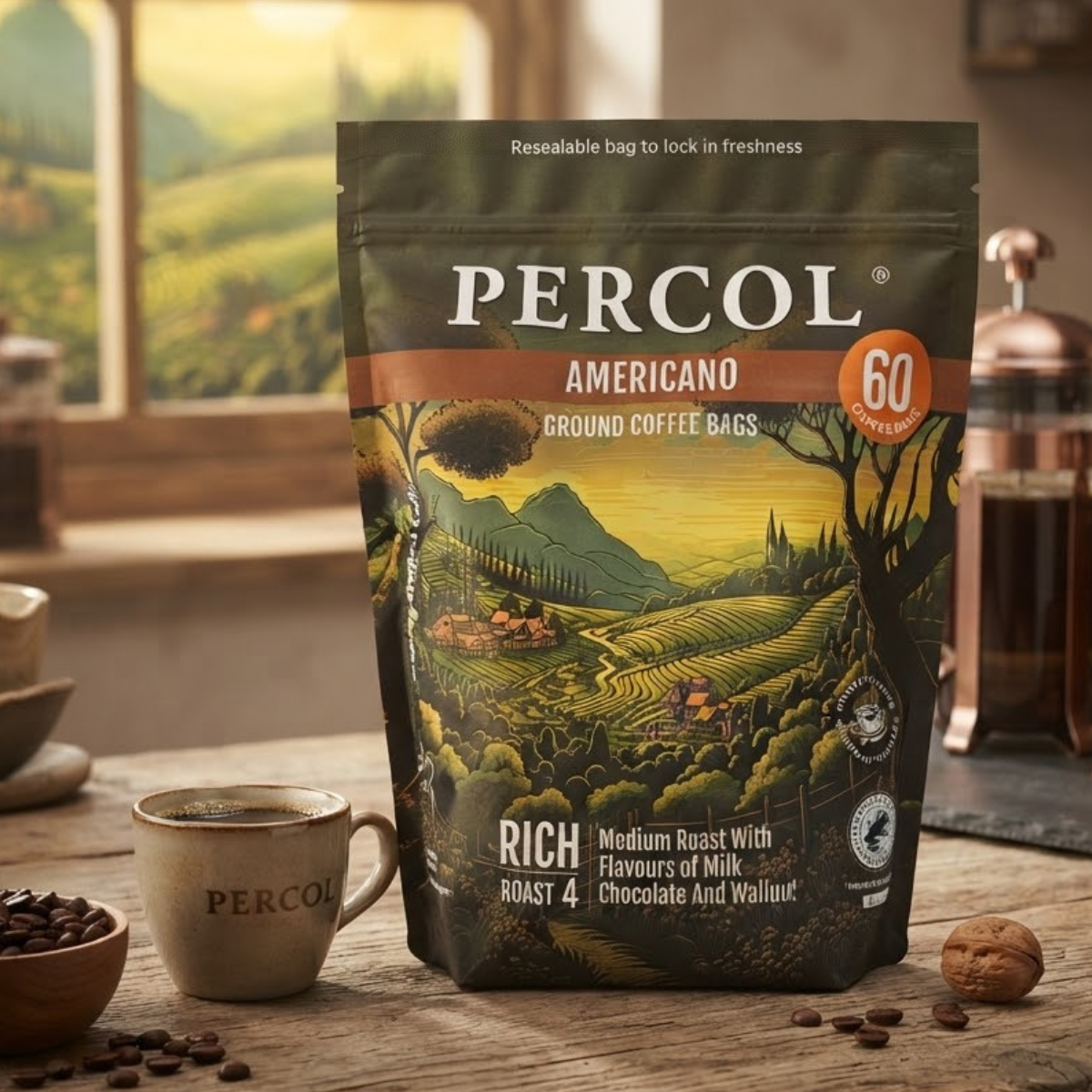 Percol Americano Medium Roast Coffee Bags, 60 x 8g