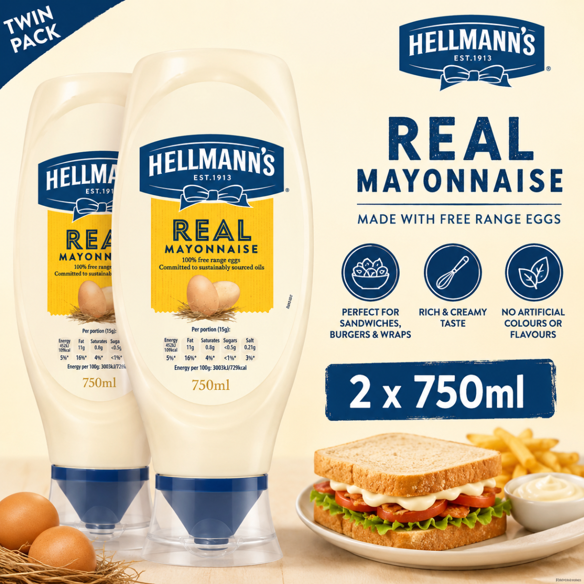Hellmann's Light Squeezy Mayonnaise, 2 x 750ml