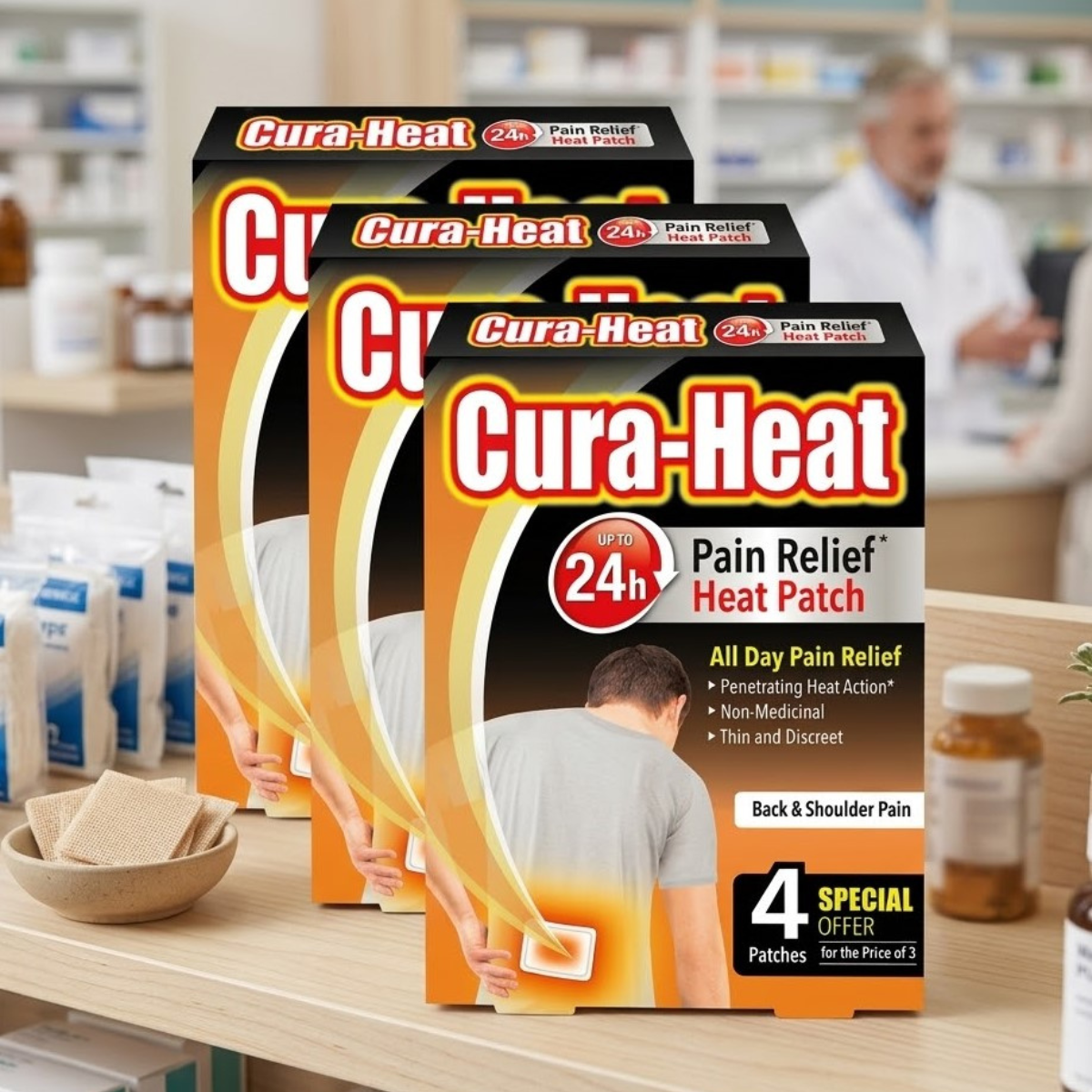 Cura-Heat Pain Relief Patches, 3 x 4 Pack