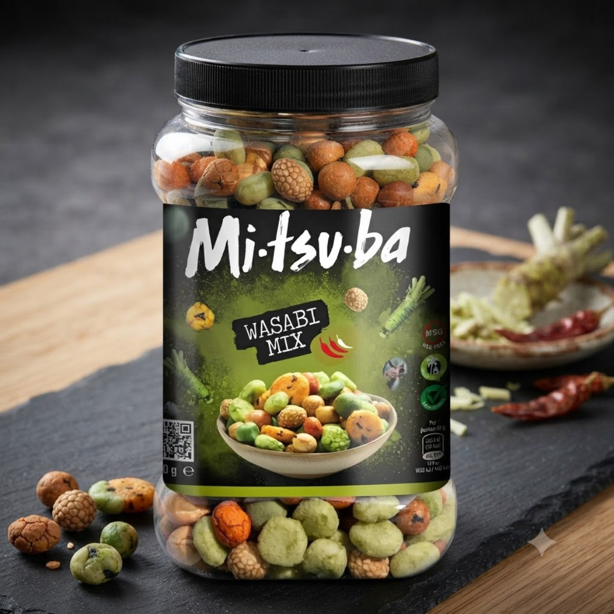 Mitsuba Wasabi Mix, 800g,- Crunchy Rice Snacks and Wasabi Coated Peanuts