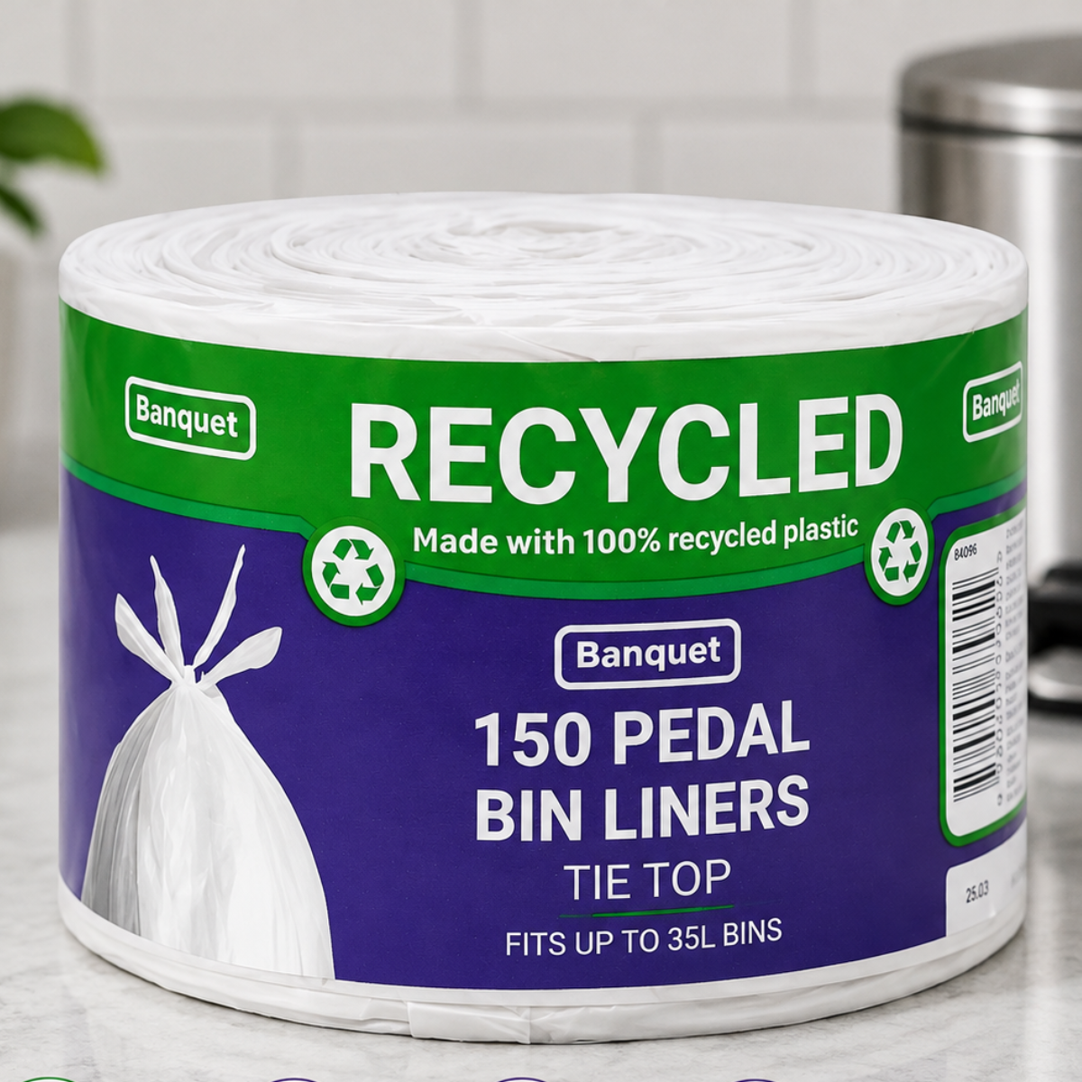 Banquet Recycled Tie Top Pedal Bin Liners, 150 Pack
