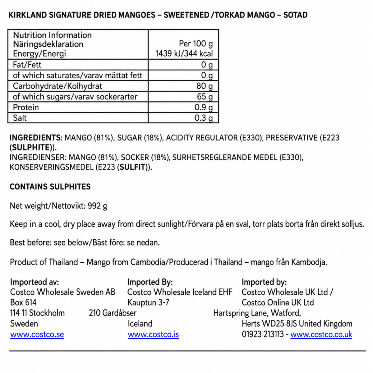 Kirkland Signature Dried Mango, 992g