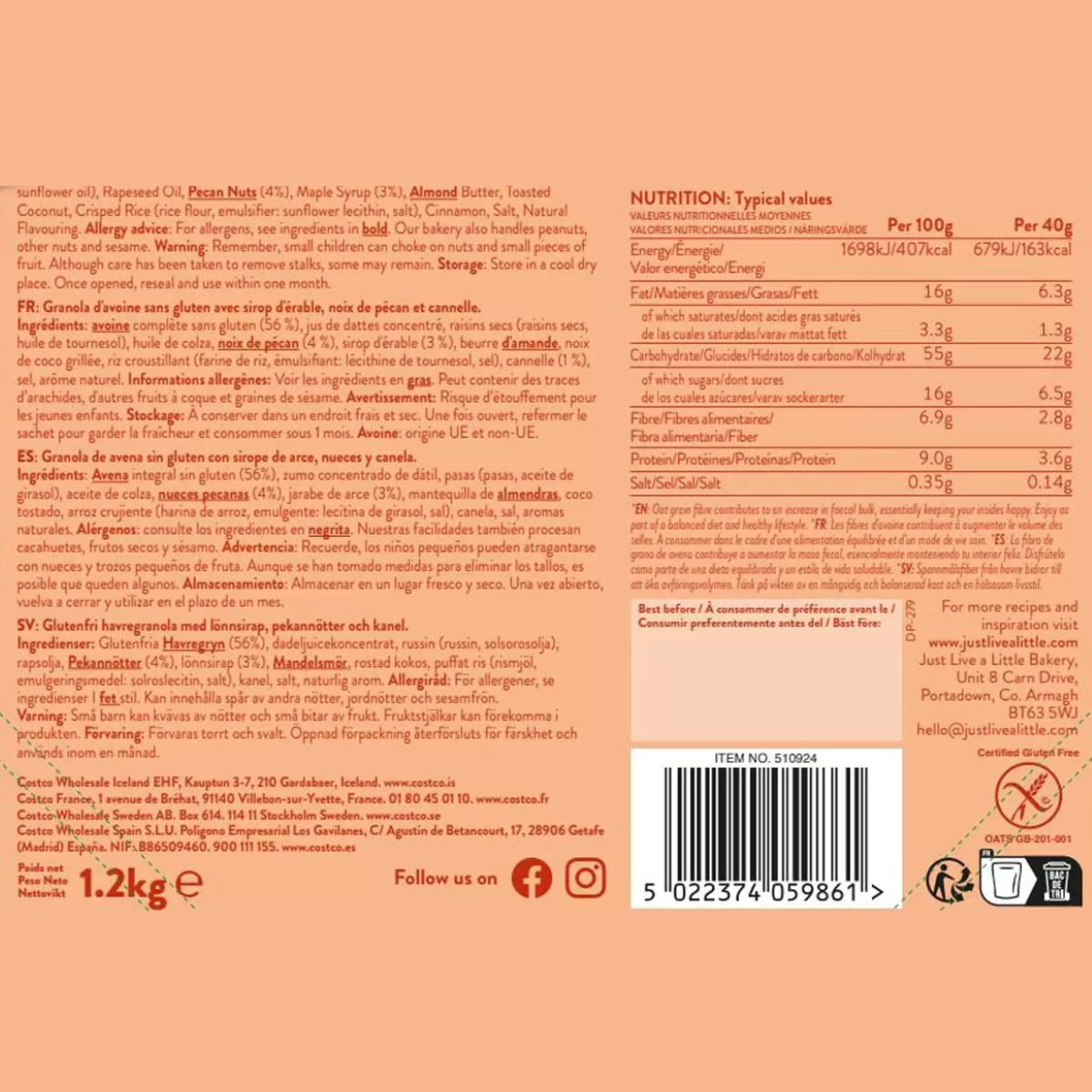 Just Granola Maple and Toasted Pecan Granola, 1.2kg