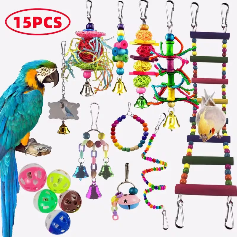 Fakhri 15pcs Colorful Hanging Cage Toys for Parrots, Parakeets, Cockatiels, Lovebirds.