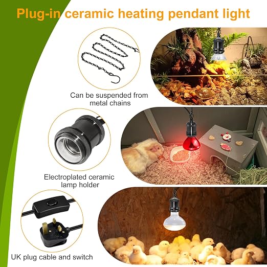 Fakhri 2 Pack E27 Reptile Black Ceramic Heat Lamp Holders with 39" Hanging Chain & 280cm Cable