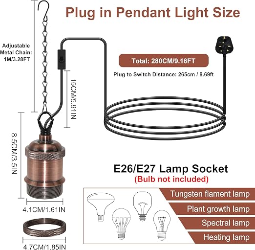 Fakhri 2 Pack E27 Reptile Brown Ceramic Heat Lamp Holders with 39" Hanging Chain & 280cm Cable