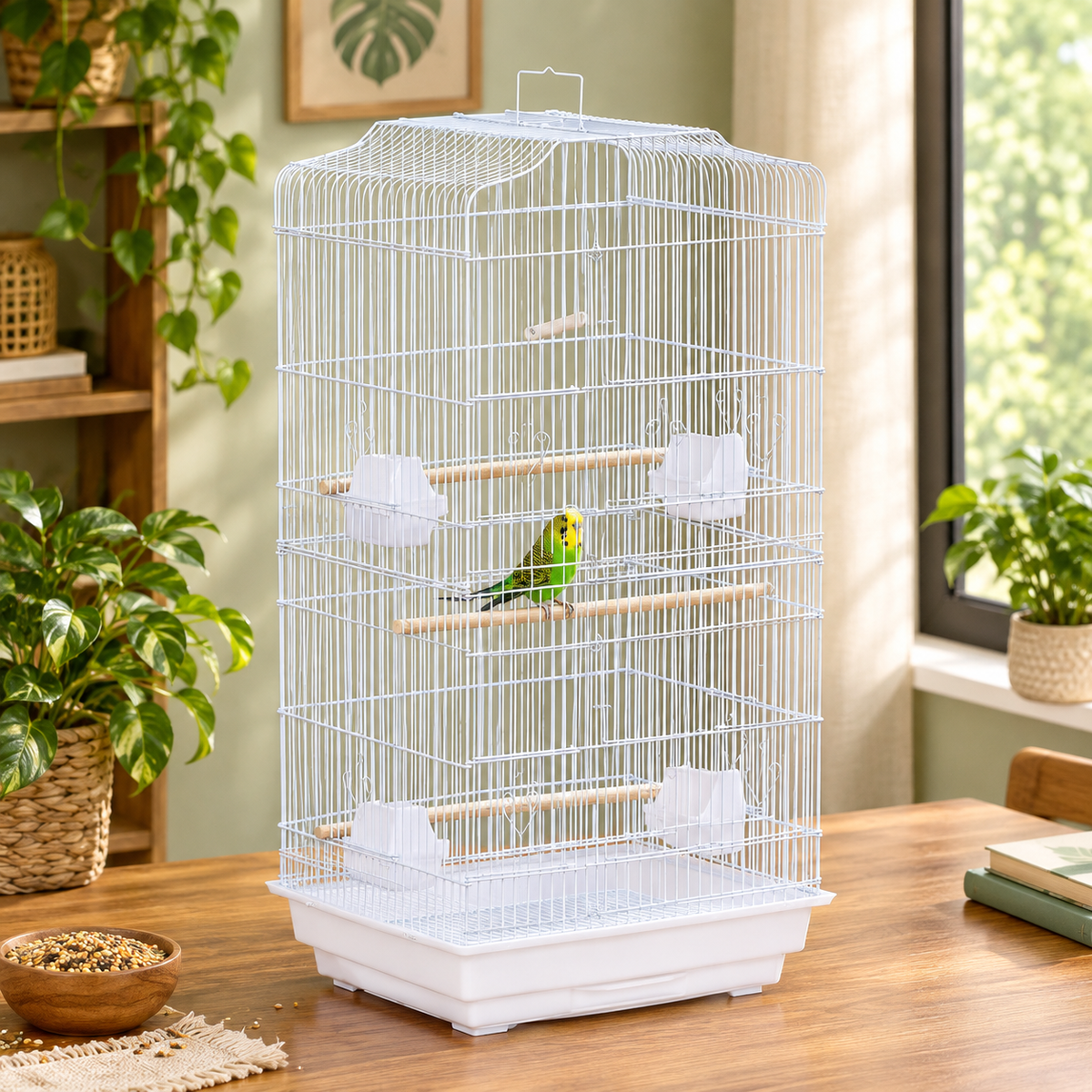Fakhri 92cm Large Bird Cage with Perches, Food Bowls, Swing, White