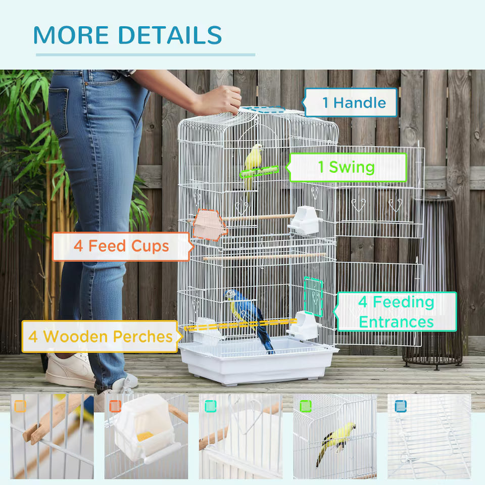 Fakhri 92cm Large Bird Cage with Perches, Food Bowls, Swing, White