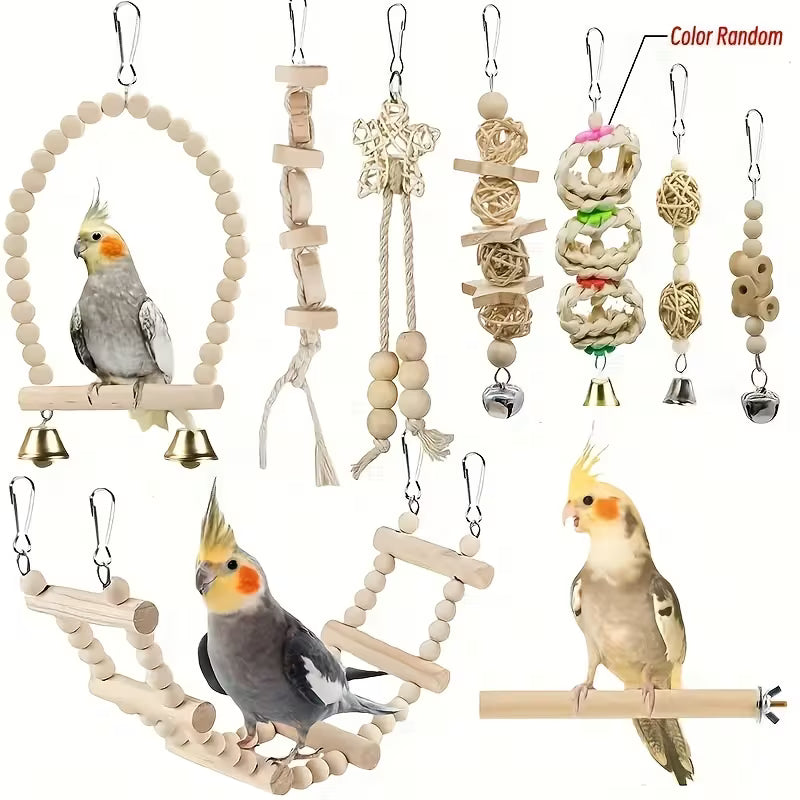Fakhri 9pcs Natural Wood Bird Toy Set with Ladder & Swing (Random Color)