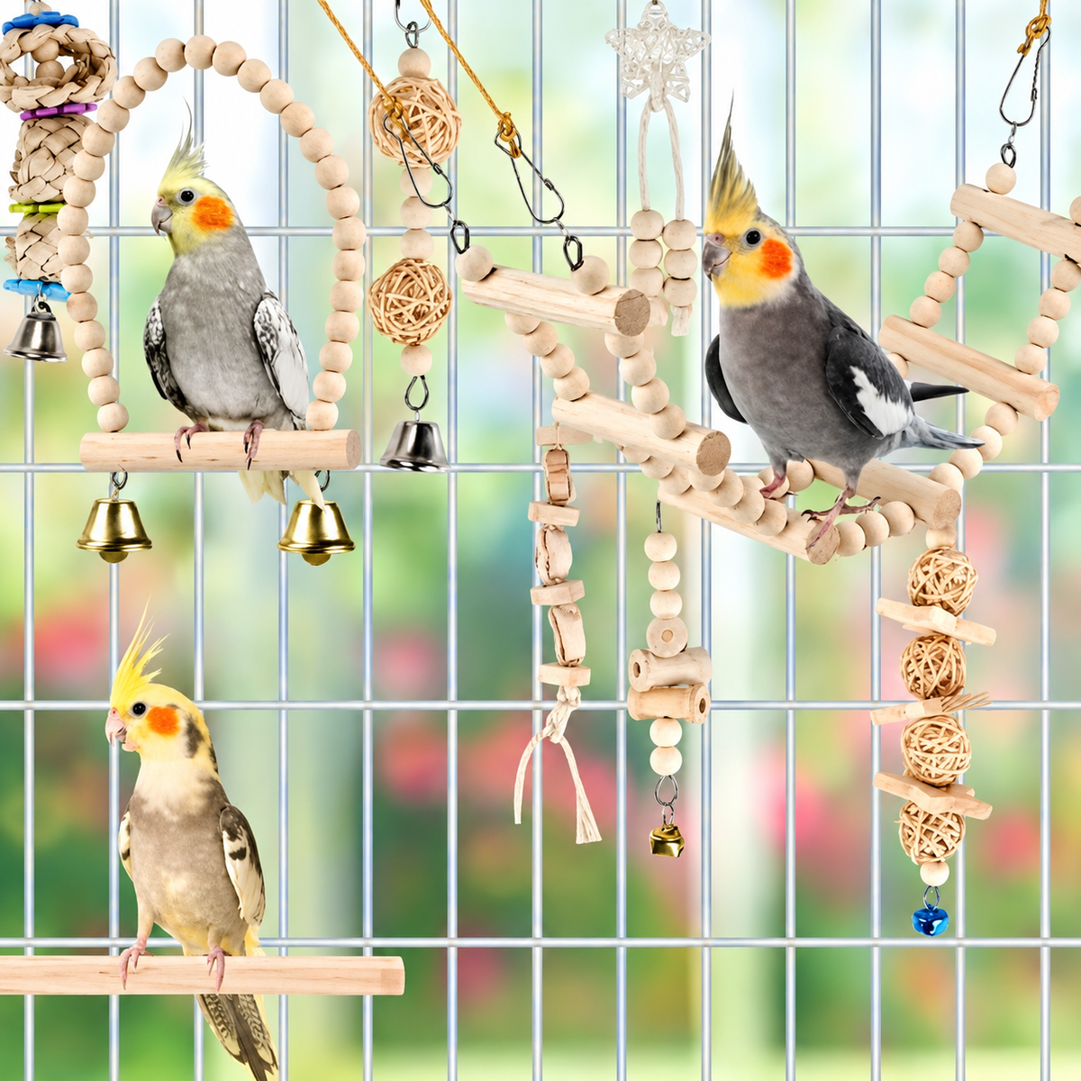 Fakhri 9pcs Natural Wood Bird Toy Set with Ladder & Swing (Random Color)