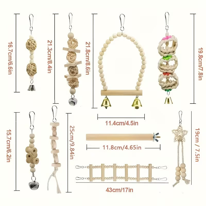 Fakhri 9pcs Natural Wood Bird Toy Set with Ladder & Swing (Random Color)