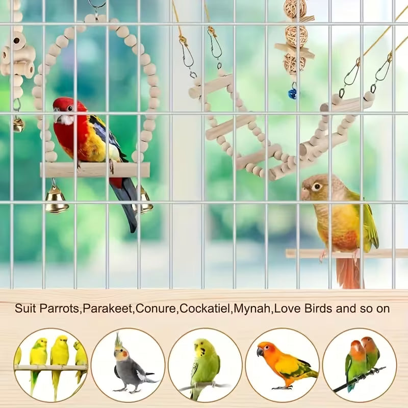Fakhri 9pcs Natural Wood Bird Toy Set with Ladder & Swing (Random Color)