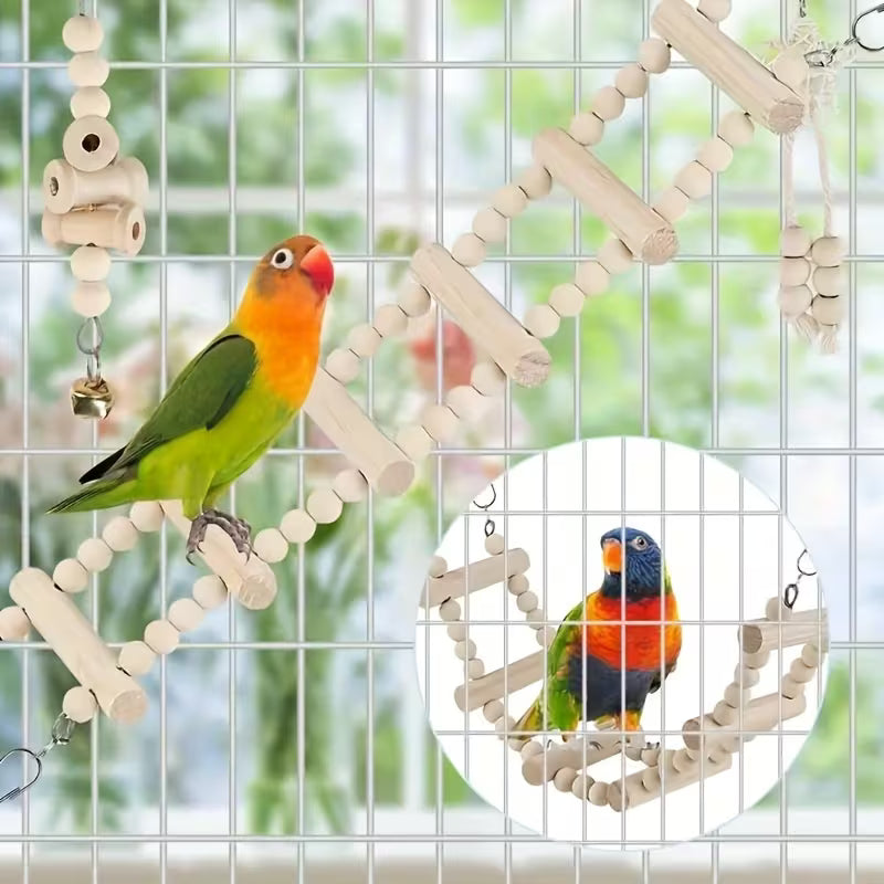 Fakhri 9pcs Natural Wood Bird Toy Set with Ladder & Swing (Random Color)