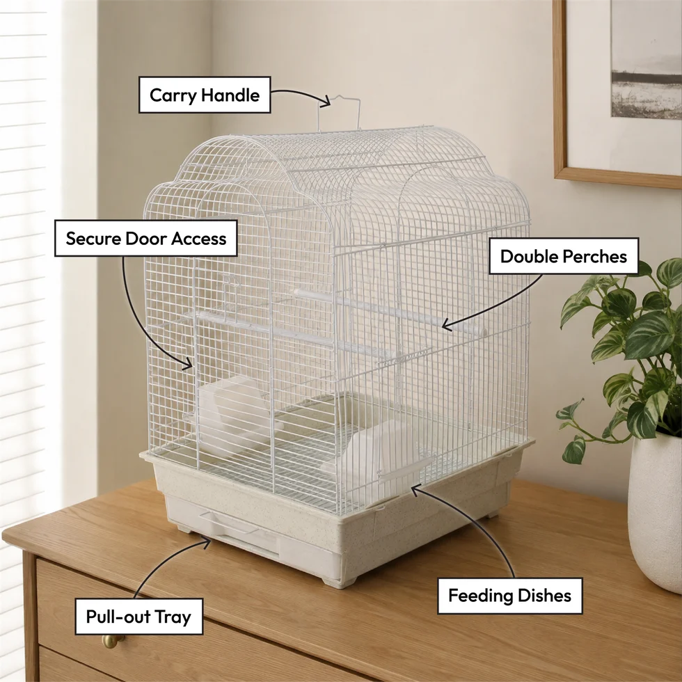 Fakhri Arched Roof Bird Travel Small Cage White 41 x 35.5 x 54cm