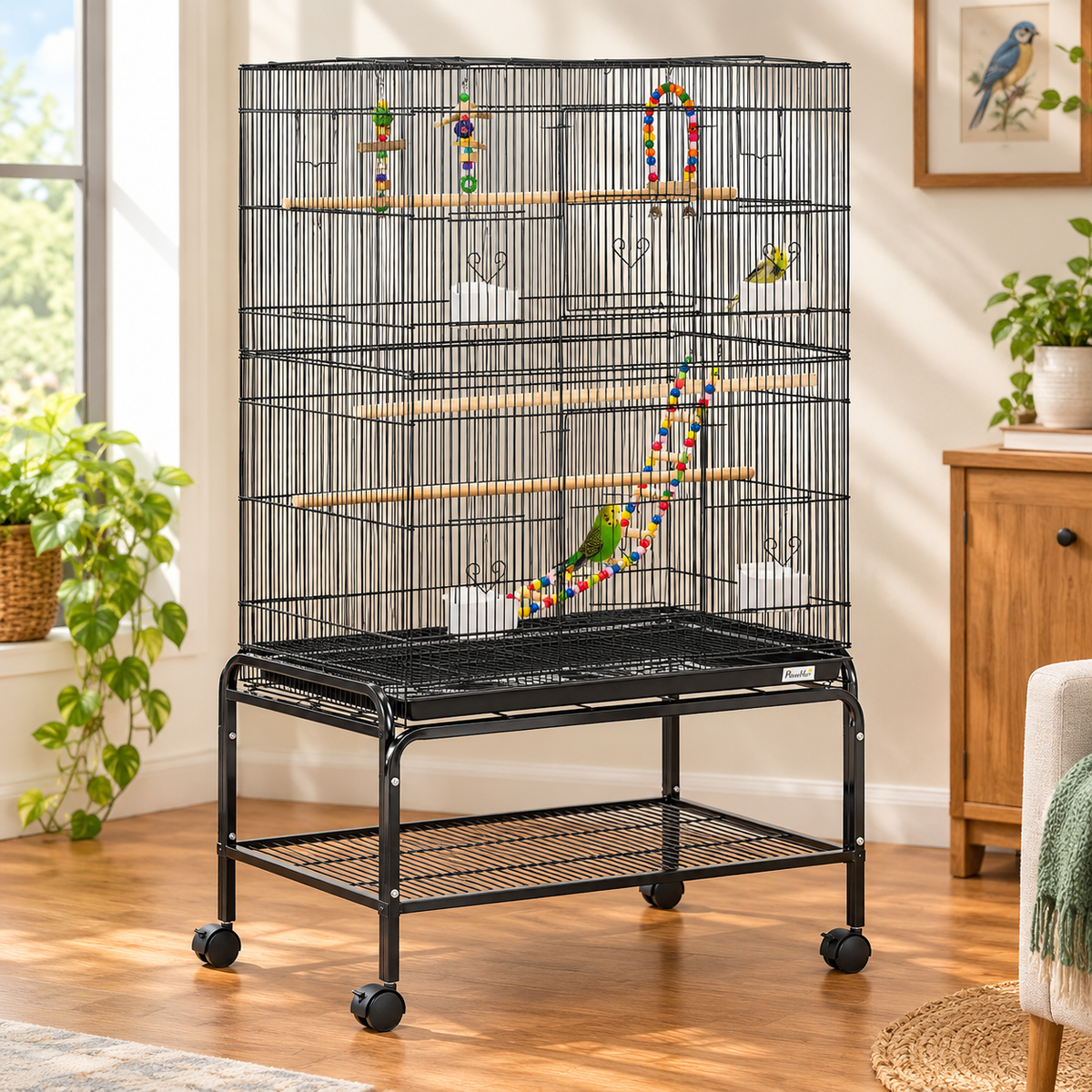 Fakhri Bird Cage, with Stand, Wheels, Toys, for Budgies, Finches, Parakeets 79L x 49W x 133H cm