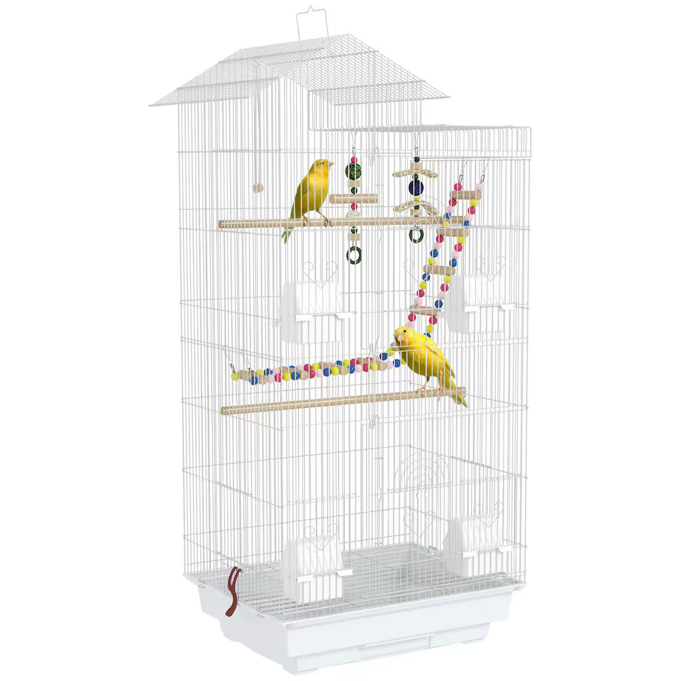 Fakhri Bird Cage for Budgies, Finches, Canaries w/ Toys, Tray, White 46L x 36W x 100H cm