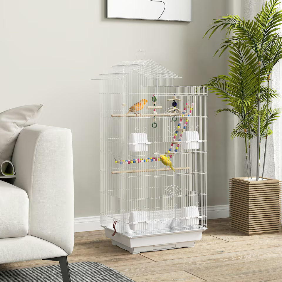 Fakhri Bird Cage for Budgies, Finches, Canaries w/ Toys, Tray, White 46L x 36W x 100H cm