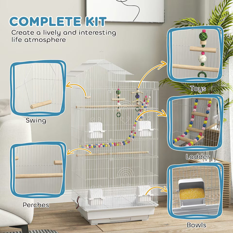 Fakhri Bird Cage for Budgies, Finches, Canaries w/ Toys, Tray, White 46L x 36W x 100H cm