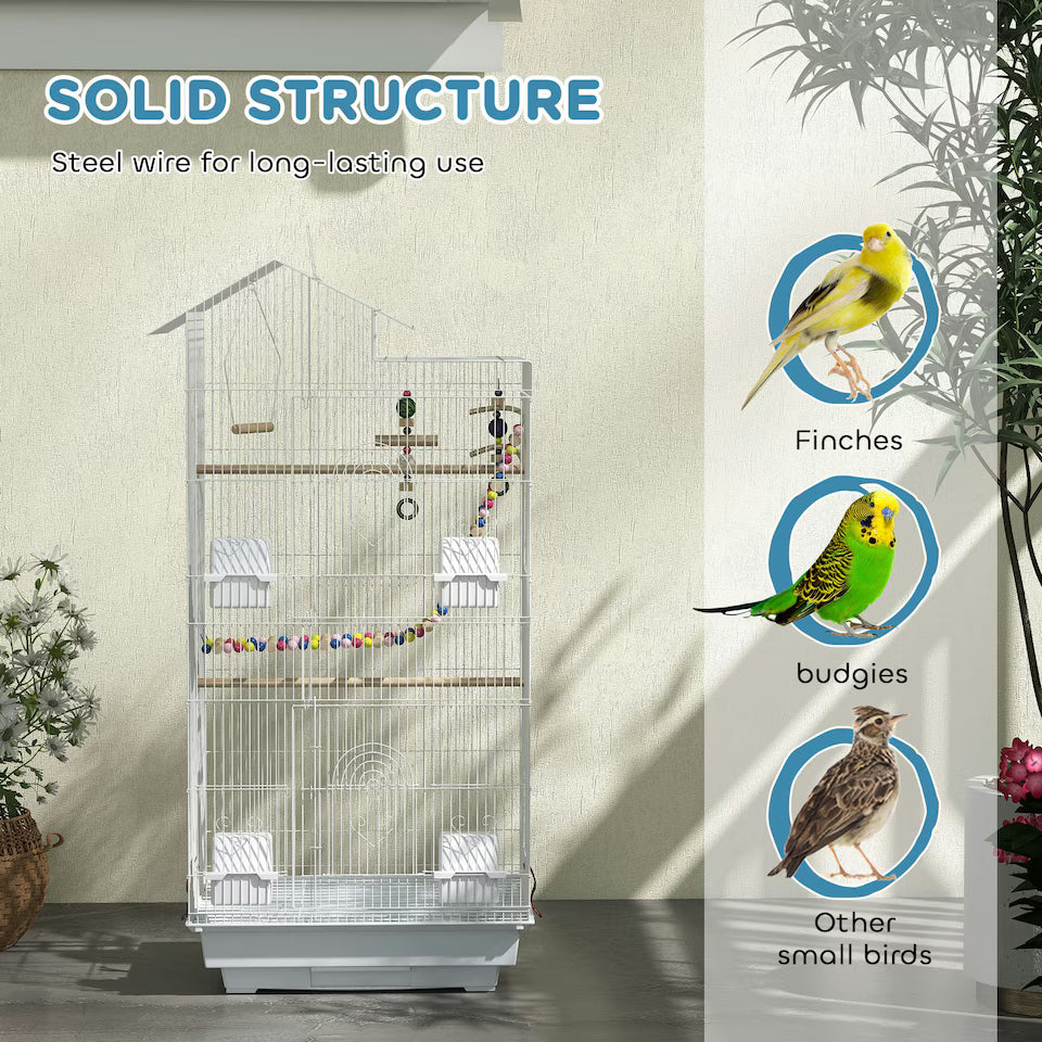 Fakhri Bird Cage for Budgies, Finches, Canaries w/ Toys, Tray, White 46L x 36W x 100H cm