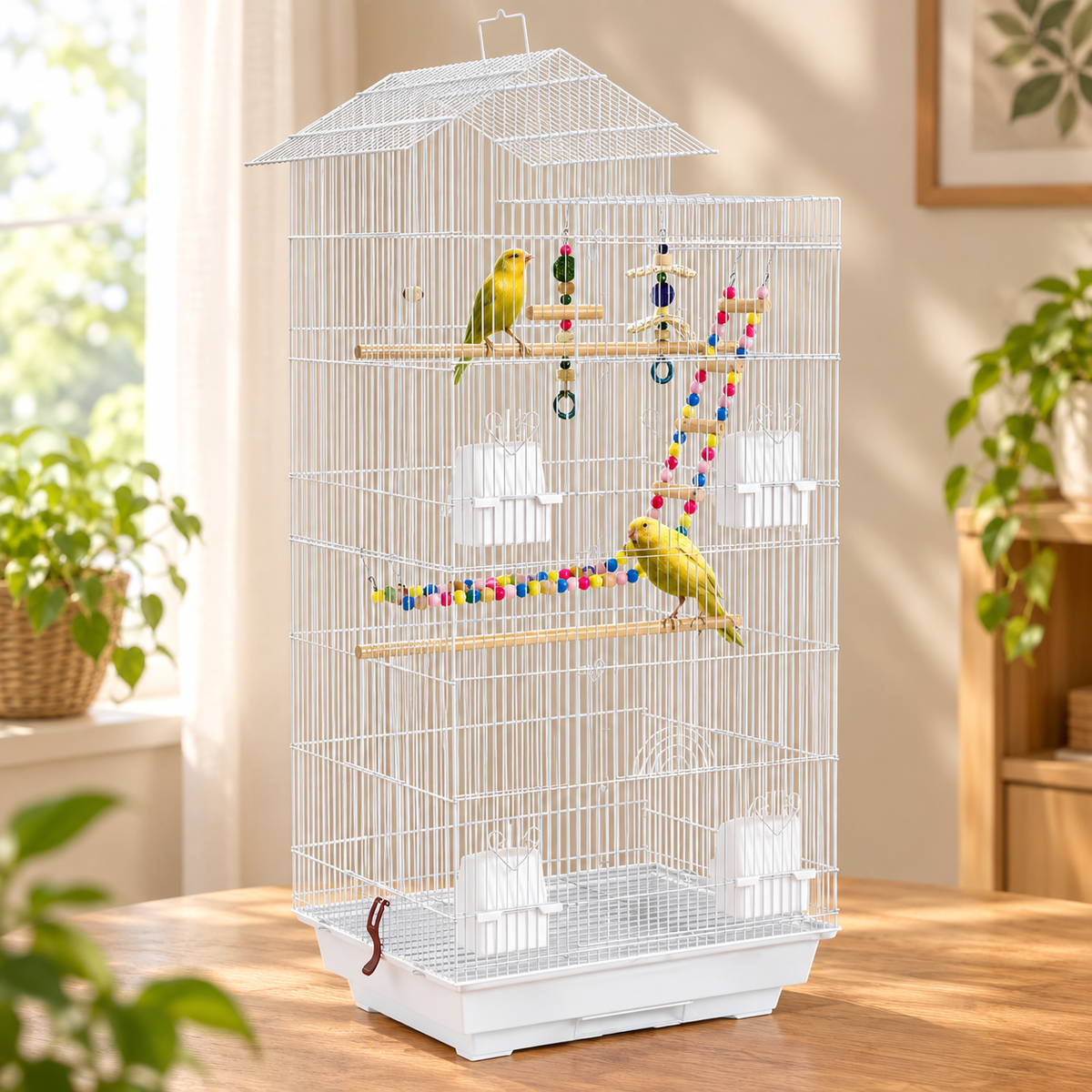 Fakhri Bird Cage for Budgies, Finches, Canaries w/ Toys, Tray, White 46L x 36W x 100H cm