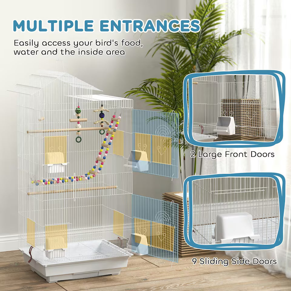 Fakhri Bird Cage for Budgies, Finches, Canaries w/ Toys, Tray, White 46L x 36W x 100H cm